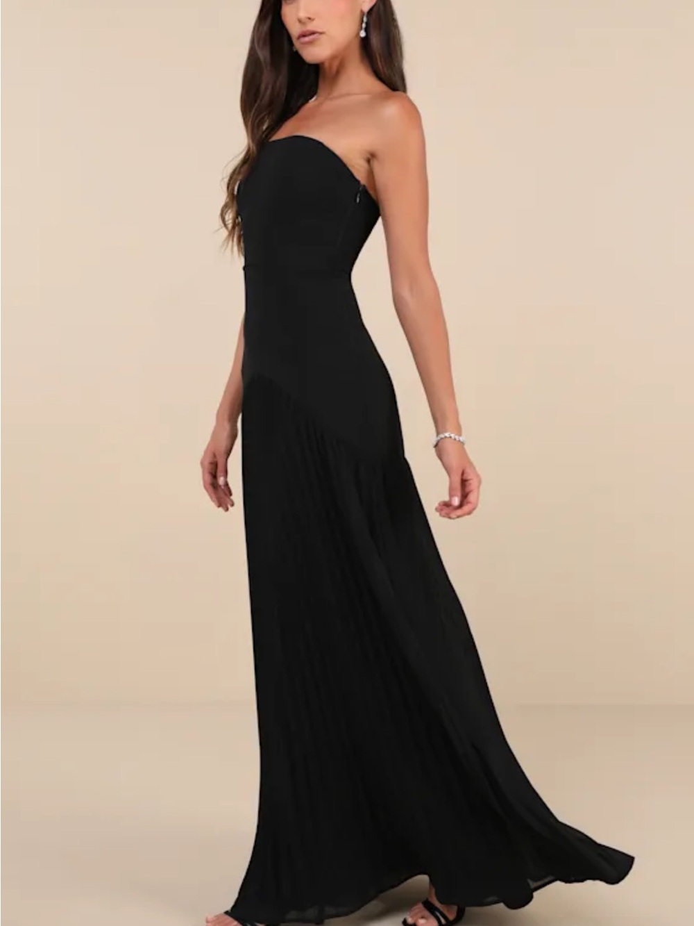 Lulu's Black celebratory aesthetic black pleated strapless maxi dress